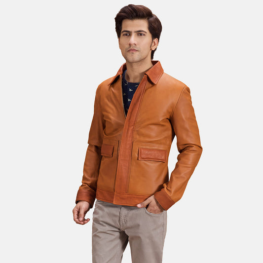 Hubert Tan Brown Leather Jacket - men's jacket in brown & tan sheepskin leather, view 1