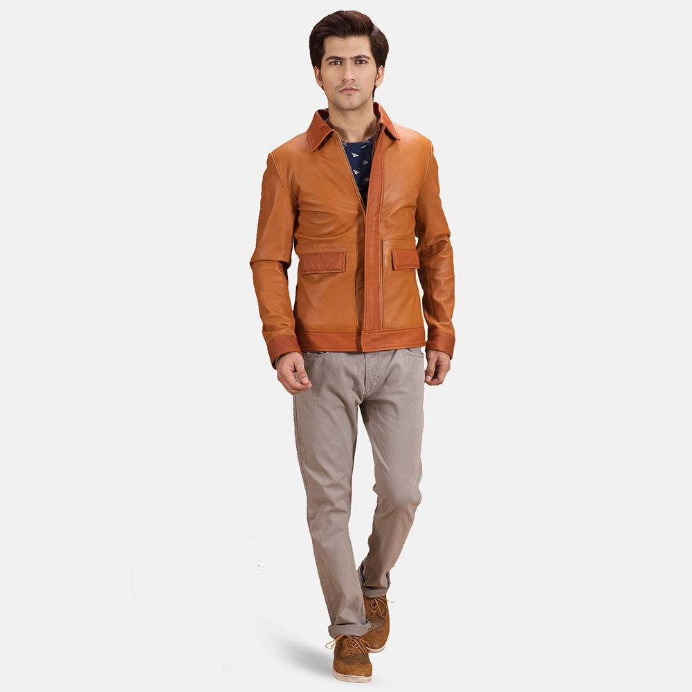 Hubert Tan Brown Leather Jacket - men's jacket in brown & tan sheepskin leather, view 4