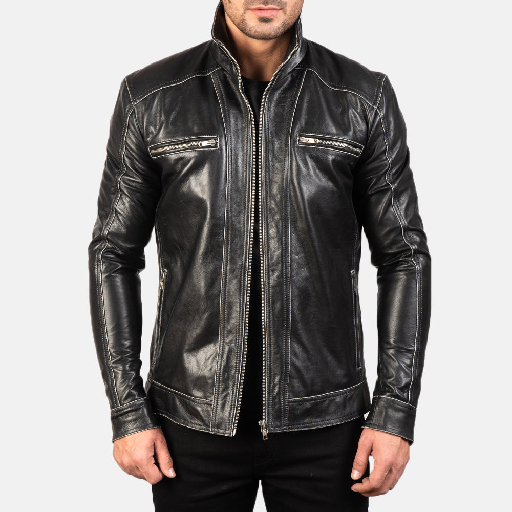 Hudson Black Leather Biker Jacket - men's jacket in black sheepskin leather, view 1