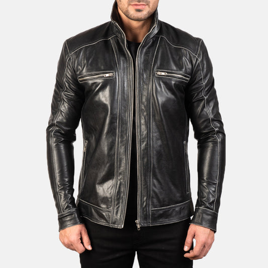Hudson Black Leather Biker Jacket - men's jacket in black sheepskin leather, view 1
