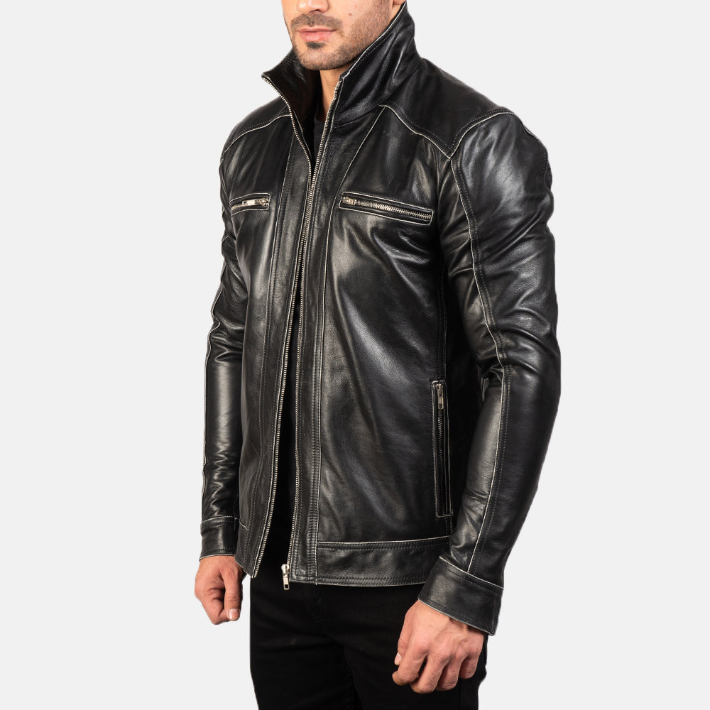 Hudson Black Leather Biker Jacket - men's jacket in black sheepskin leather, view 2