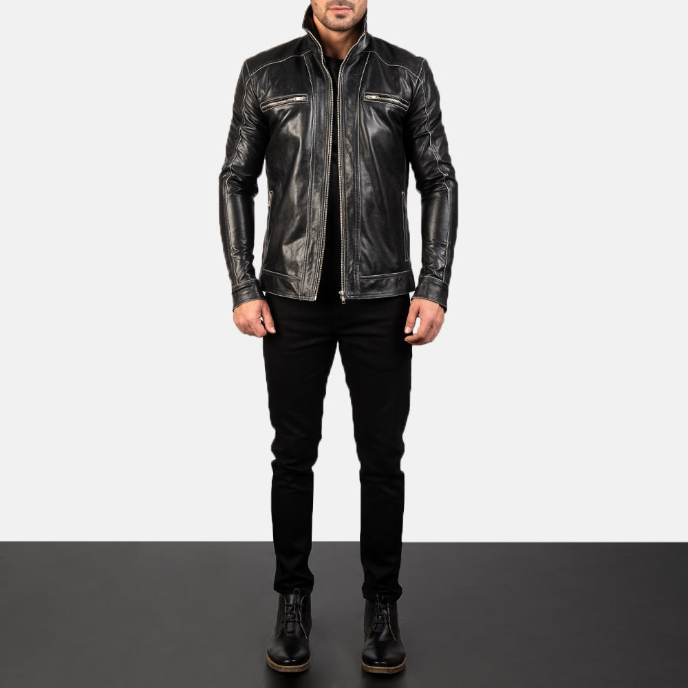 Hudson Black Leather Biker Jacket - men's jacket in black sheepskin leather, view 3