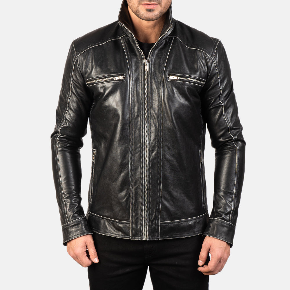 Hudson Black Leather Biker Jacket - men's jacket in black sheepskin leather, view 4