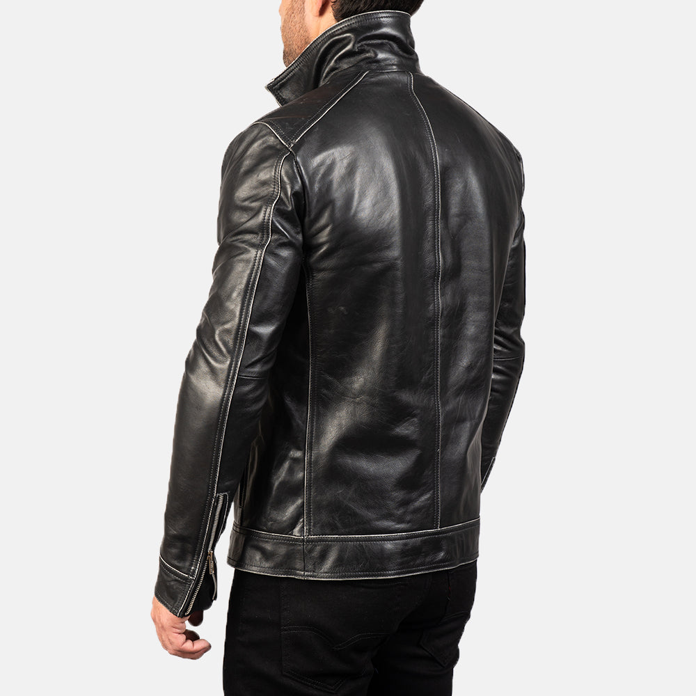 Hudson Black Leather Biker Jacket - men's jacket in black sheepskin leather, view 5