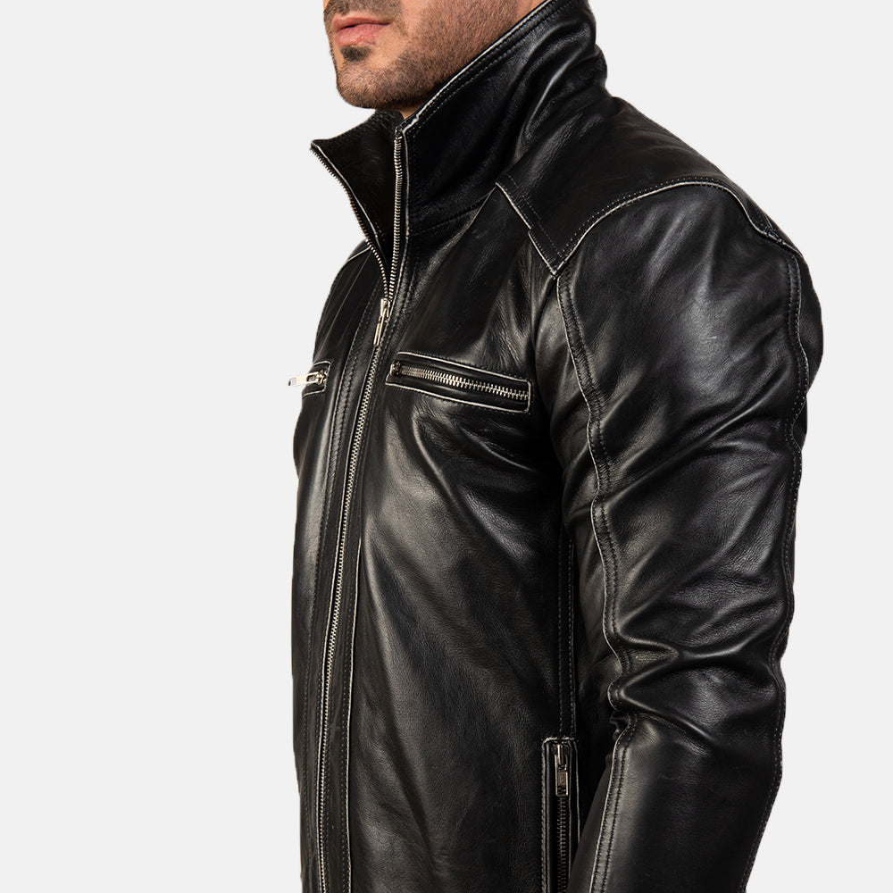 Hudson Black Leather Biker Jacket - men's jacket in black sheepskin leather, view 6