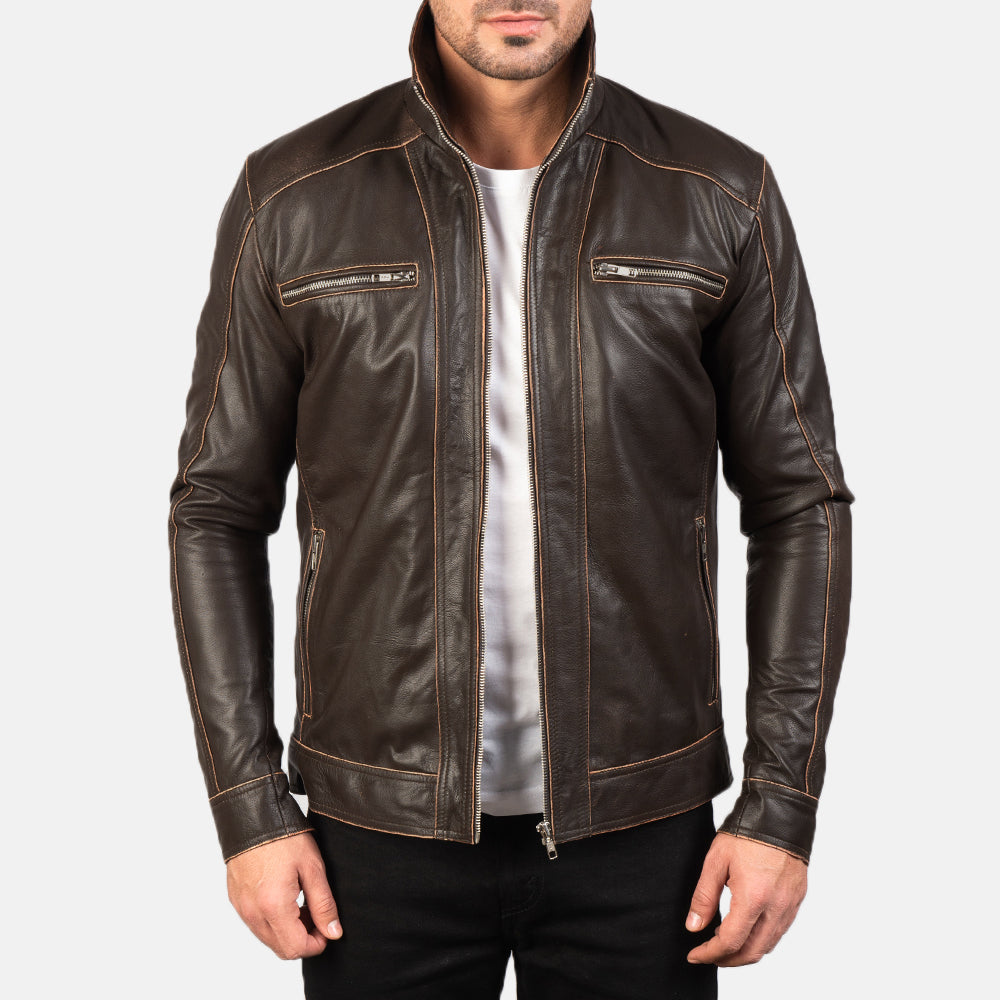 Hudson Brown Leather Biker Jacket - men's jacket in brown sheepskin leather, view 1