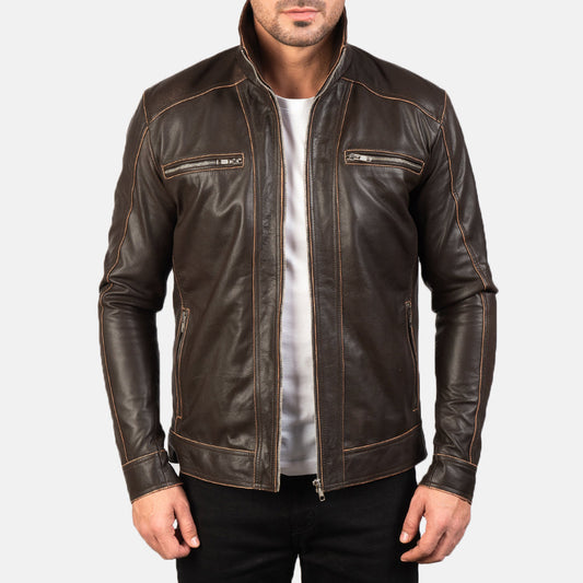 Hudson Brown Leather Biker Jacket - men's jacket in brown sheepskin leather, view 1