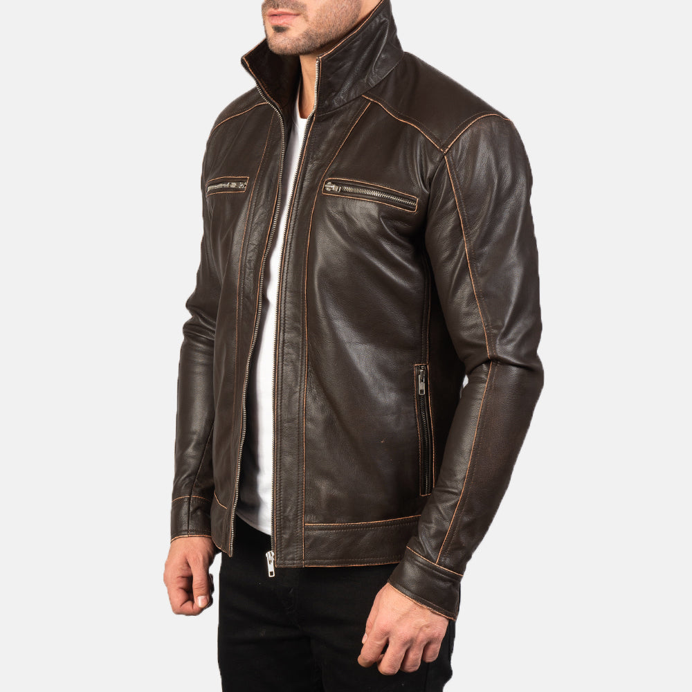 Hudson Brown Leather Biker Jacket - men's jacket in brown sheepskin leather, view 2