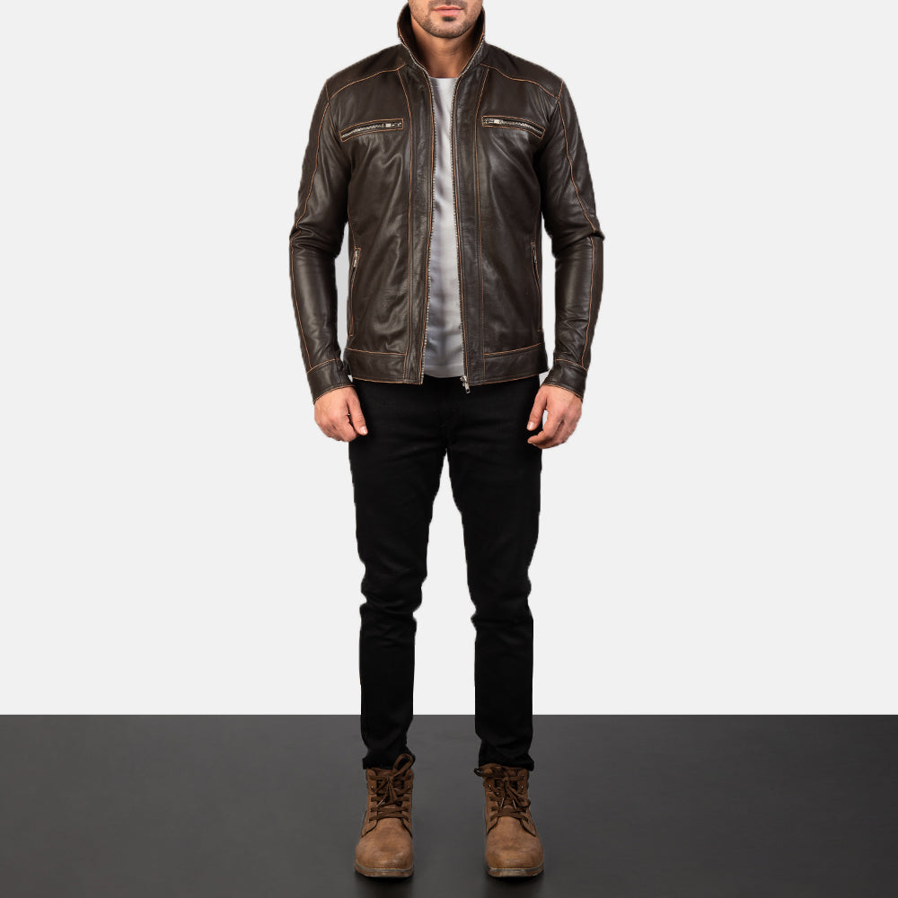 Hudson Brown Leather Biker Jacket - men's jacket in brown sheepskin leather, view 3