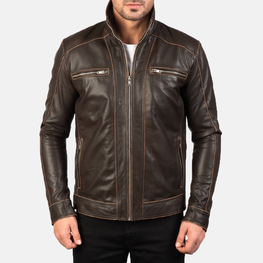 Hudson Brown Leather Biker Jacket - men's jacket in brown sheepskin leather, view 4