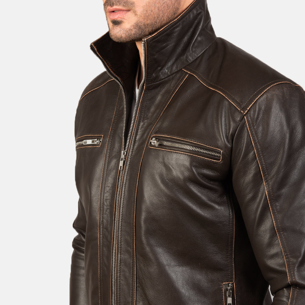 Hudson Brown Leather Biker Jacket - men's jacket in brown sheepskin leather, view 6