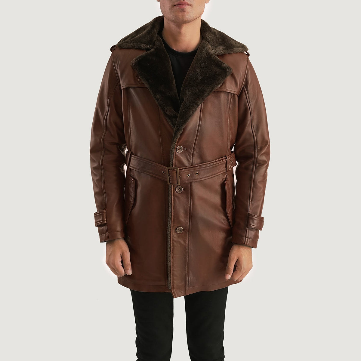 Hunter Distressed Brown Fur Leather Coat - men's coat in brown sheepskin leather, view 1