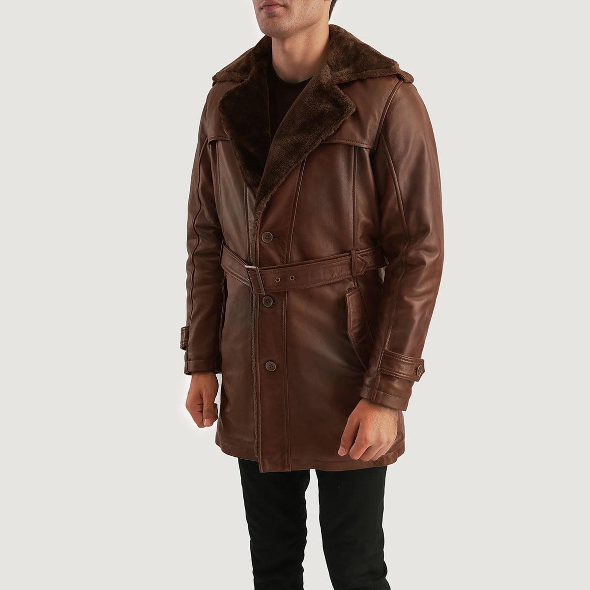 Hunter Distressed Brown Fur Leather Coat - men's coat in brown sheepskin leather, view 2