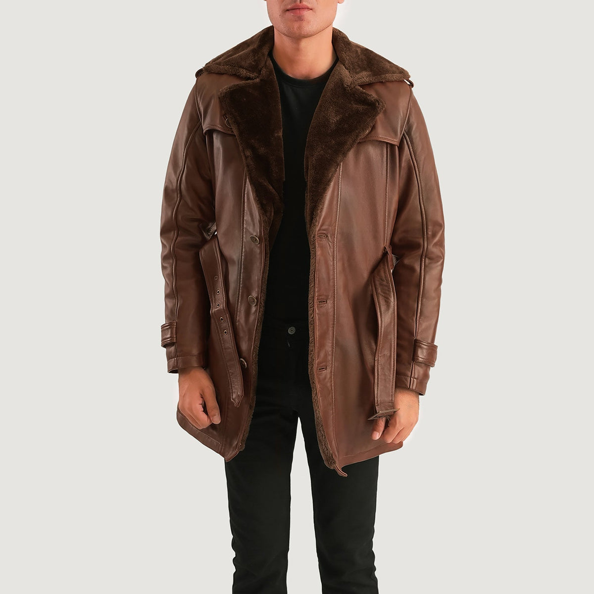 Hunter Distressed Brown Fur Leather Coat - men's coat in brown sheepskin leather, view 3