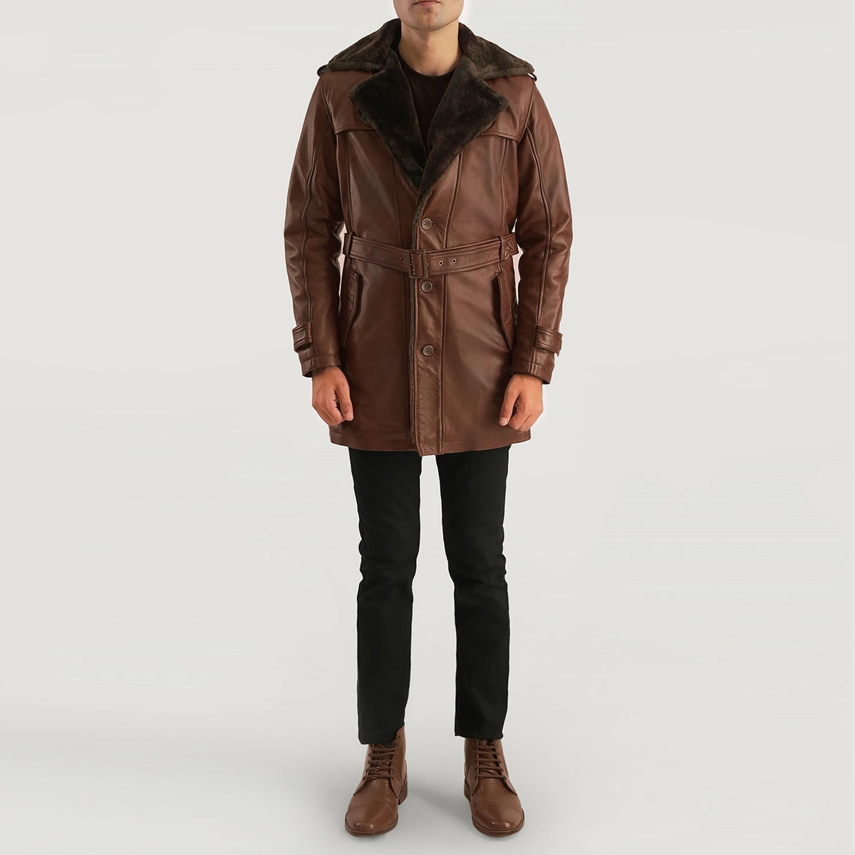 Hunter Distressed Brown Fur Leather Coat - men's coat in brown sheepskin leather, view 4