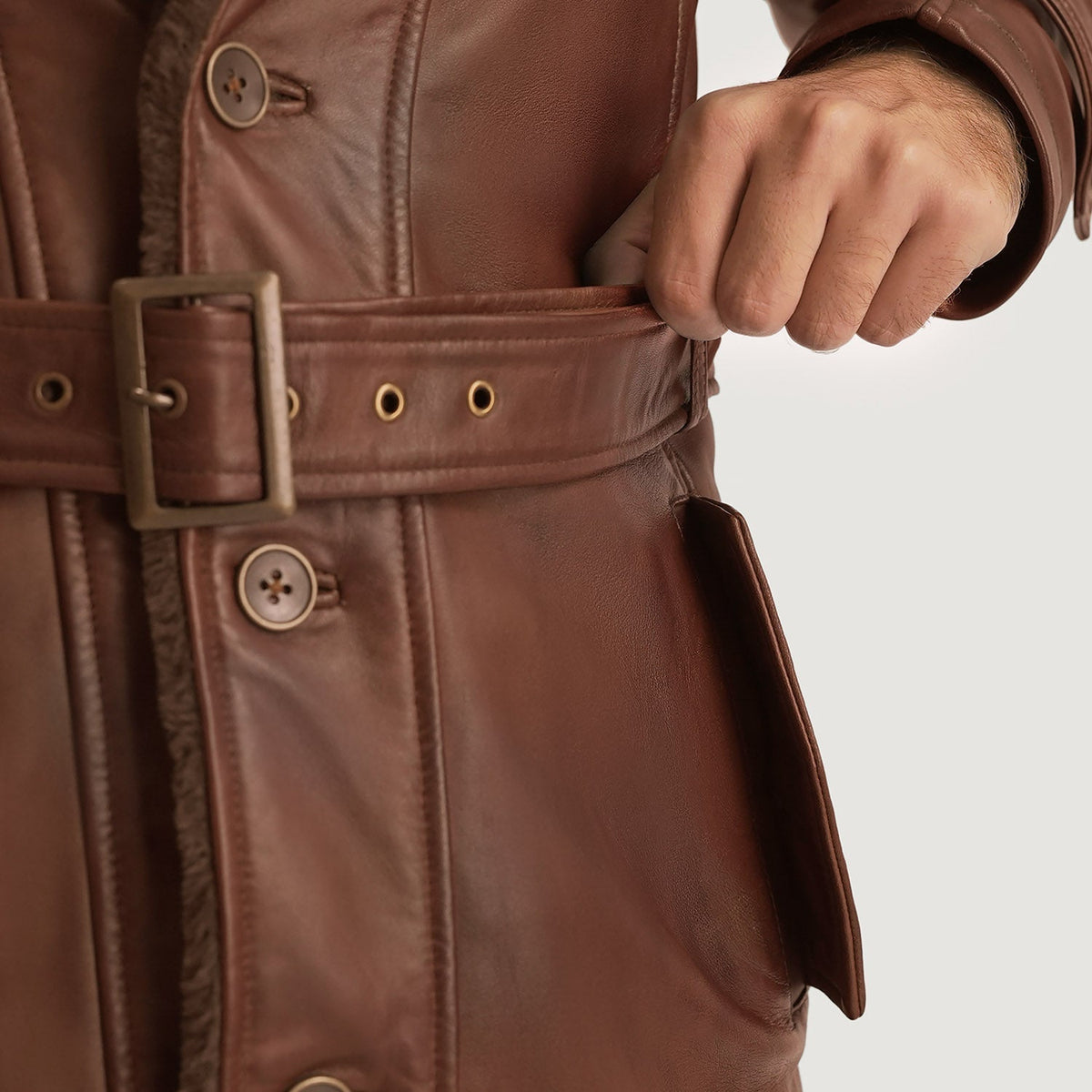 Hunter Distressed Brown Fur Leather Coat - men's coat in brown sheepskin leather, view 6