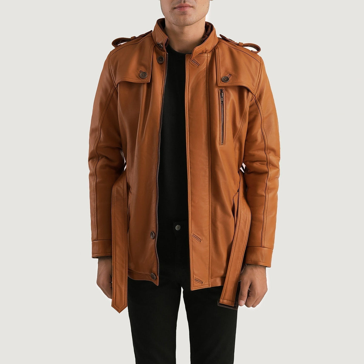 Hunter Tan Brown Fur Leather Jacket - men's jacket in brown & tan sheepskin leather, view 1