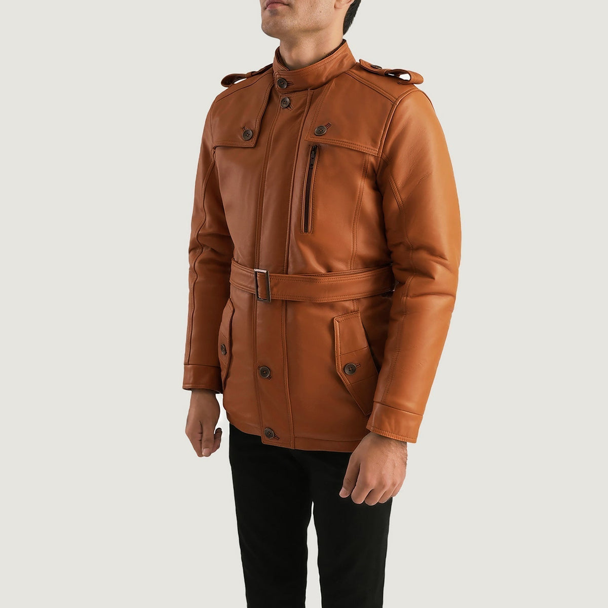 Hunter Tan Brown Fur Leather Jacket - men's jacket in brown & tan sheepskin leather, view 2