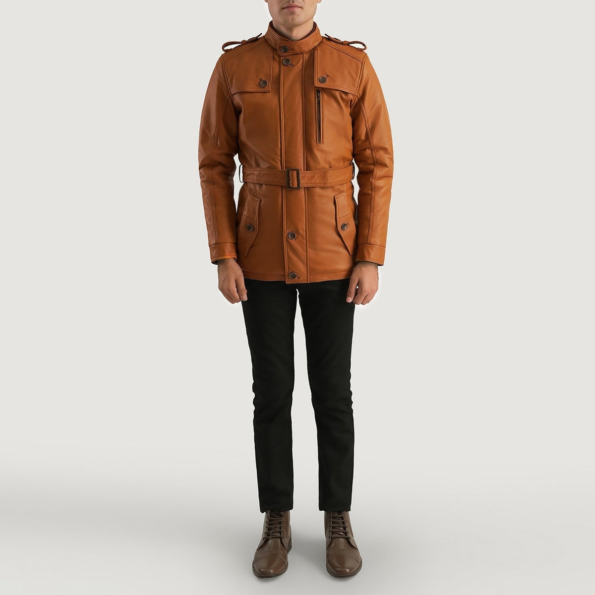 Hunter Tan Brown Fur Leather Jacket - men's jacket in brown & tan sheepskin leather, view 3