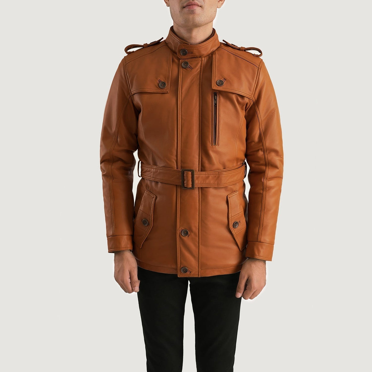 Hunter Tan Brown Fur Leather Jacket - men's jacket in brown & tan sheepskin leather, view 4