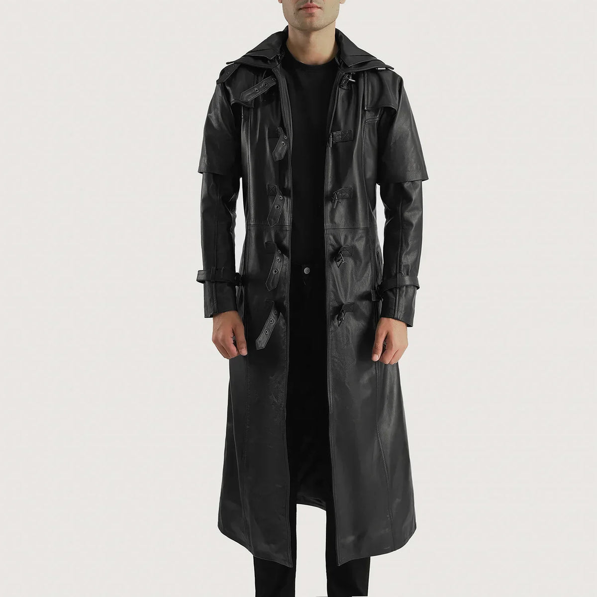 Huntsman Black Hooded Leather Trench Coat - men's coat in black cowhide leather, view 1