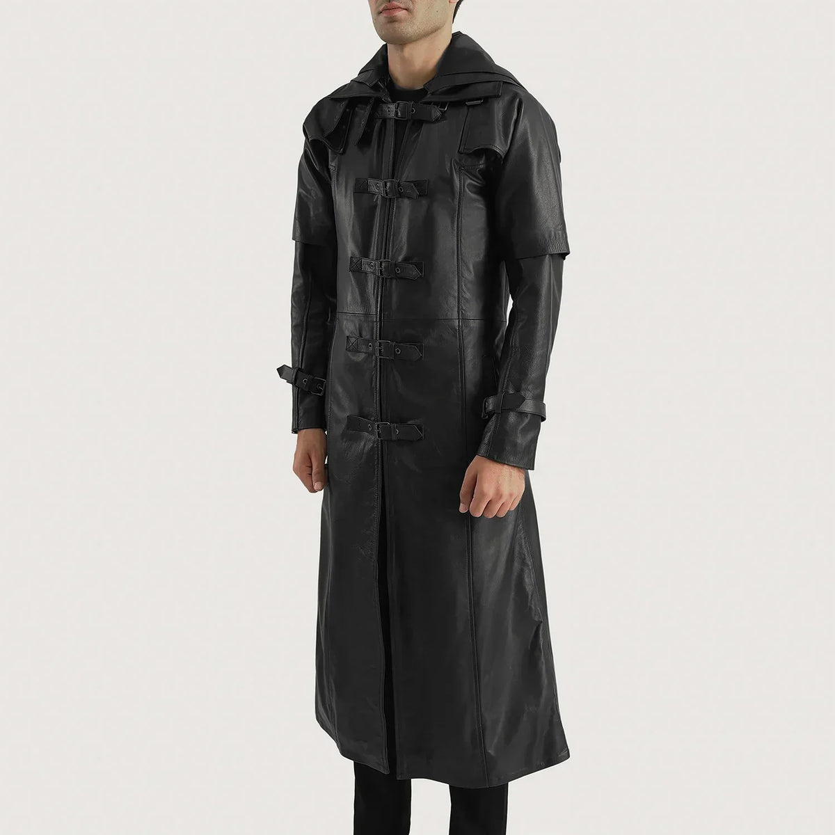 Huntsman Black Hooded Leather Trench Coat - men's coat in black cowhide leather, view 2