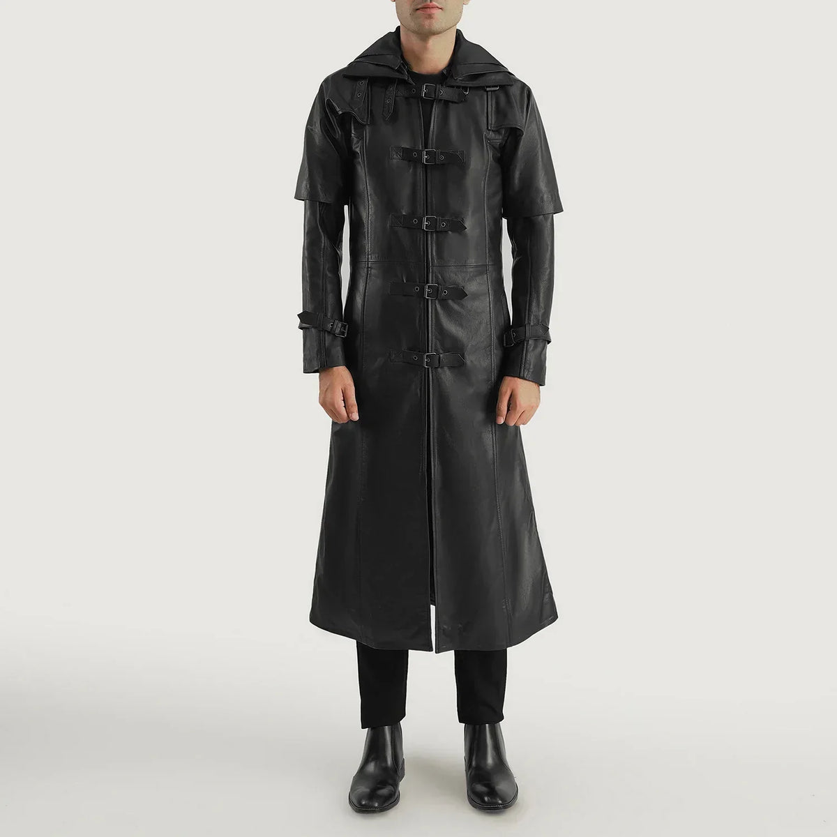 Huntsman Black Hooded Leather Trench Coat - men's coat in black cowhide leather, view 3
