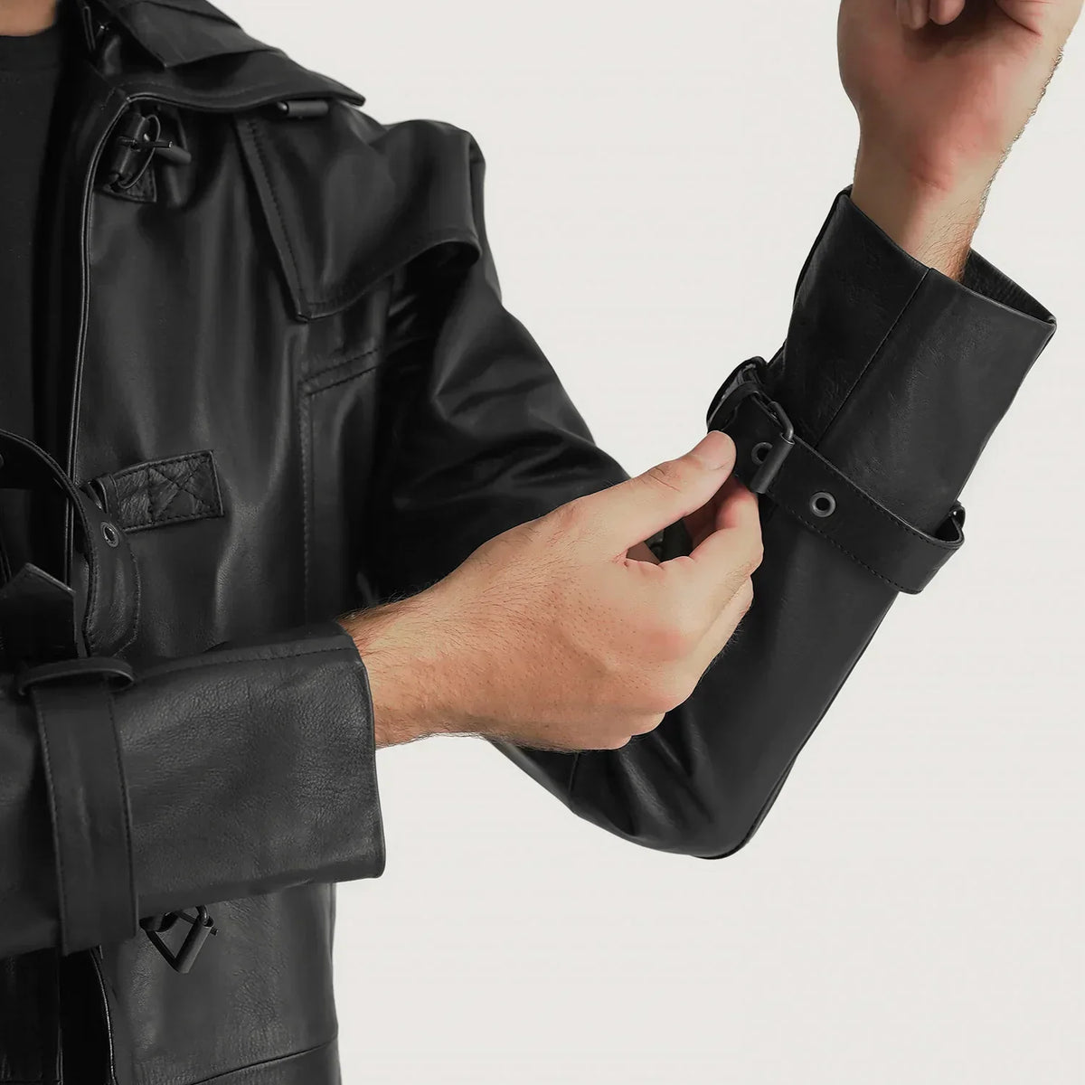 Huntsman Black Hooded Leather Trench Coat - men's coat in black cowhide leather, view 4
