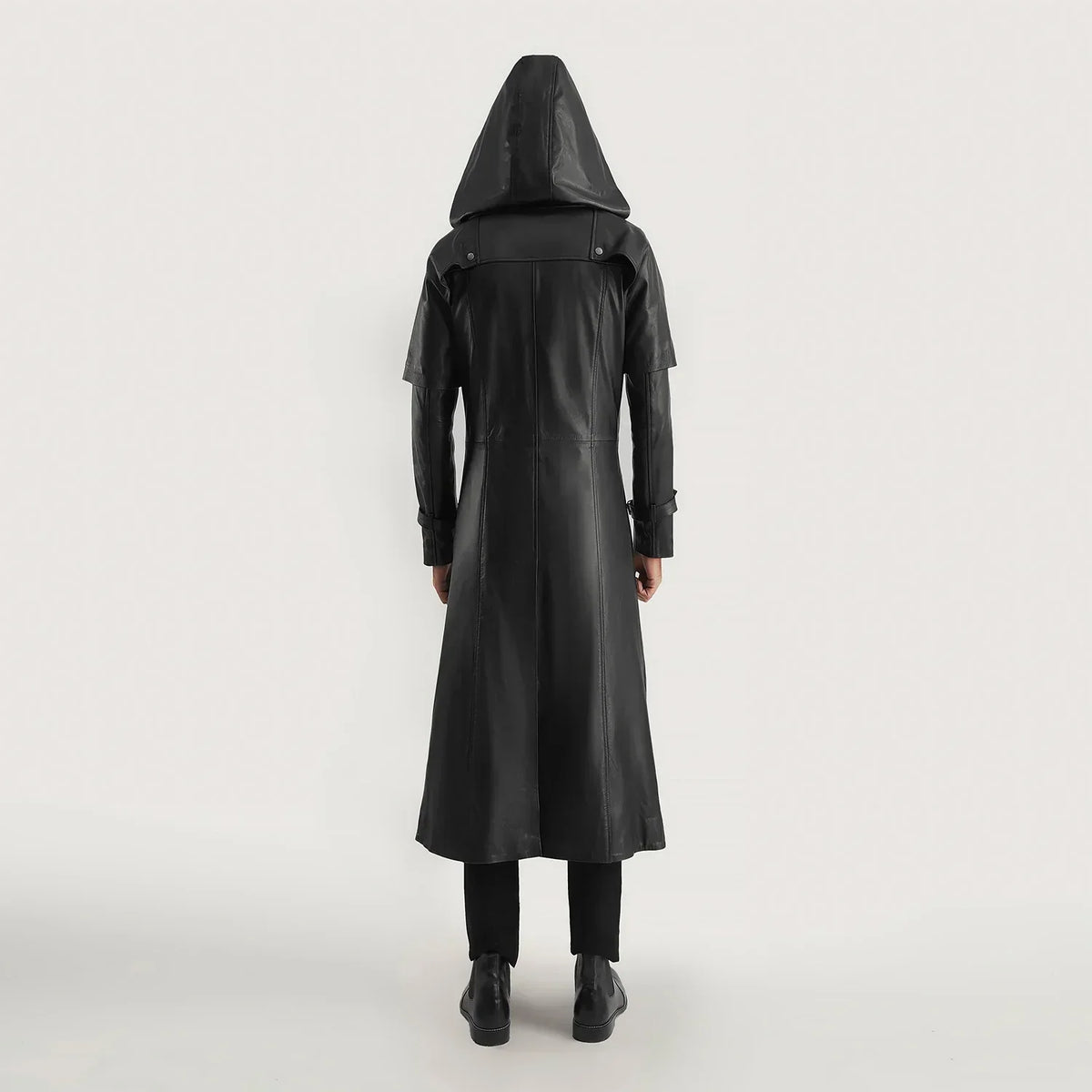 Huntsman Black Hooded Leather Trench Coat - men's coat in black cowhide leather, view 5