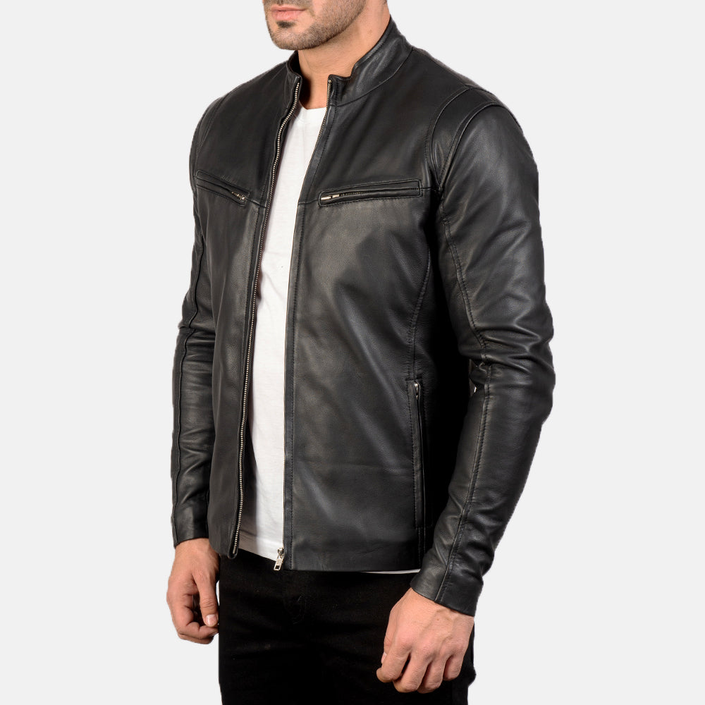 Ionic Black Leather Jacket - men's jacket in black sheepskin leather, view 2