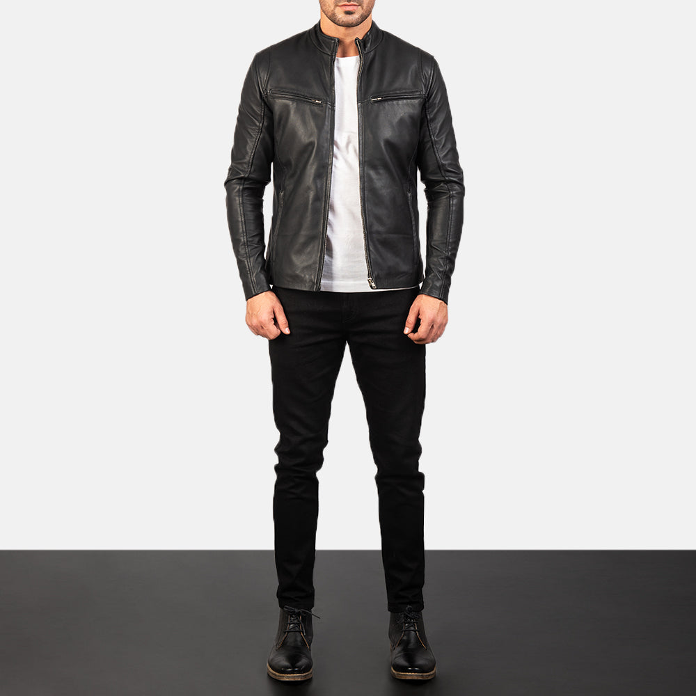 Ionic Black Leather Jacket - men's jacket in black sheepskin leather, view 3