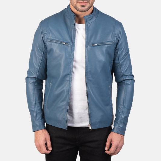 Ionic Blue Leather Biker Jacket - men's jacket in blue sheepskin leather, view 1