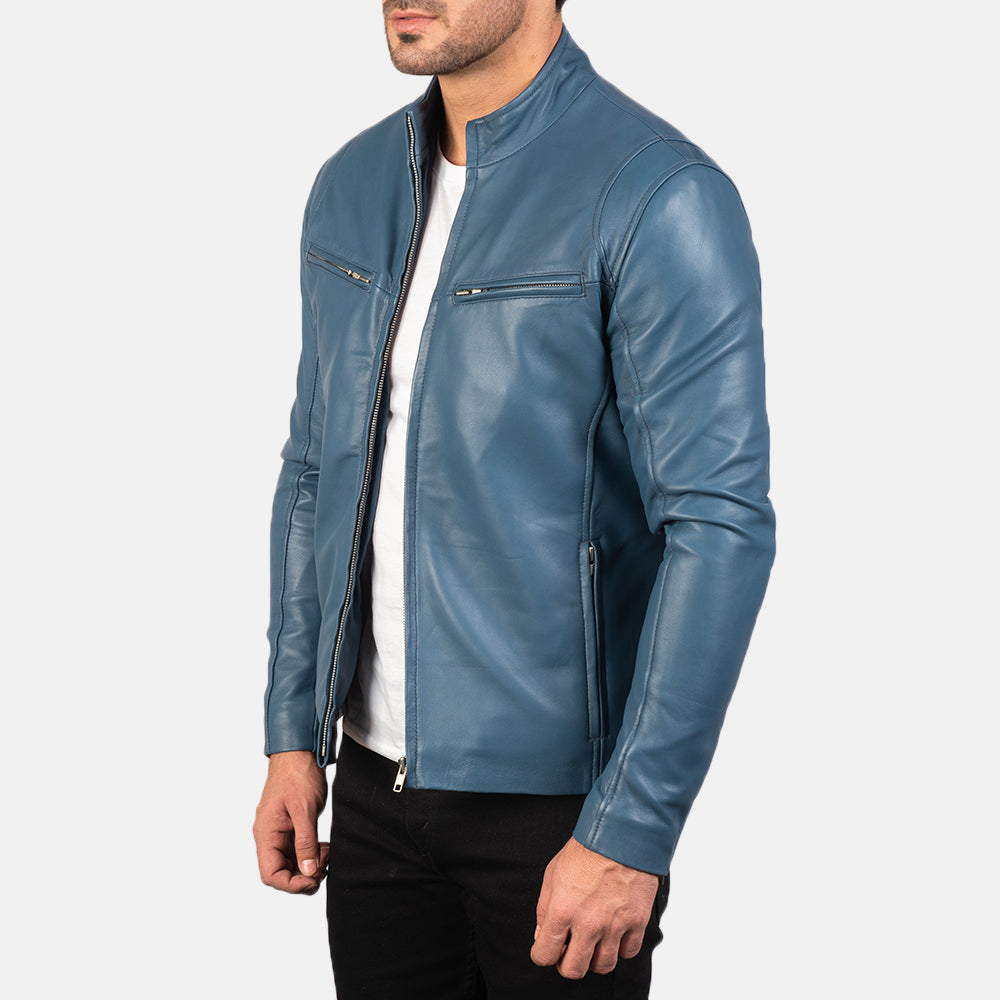 Ionic Blue Leather Biker Jacket - men's jacket in blue sheepskin leather, view 2