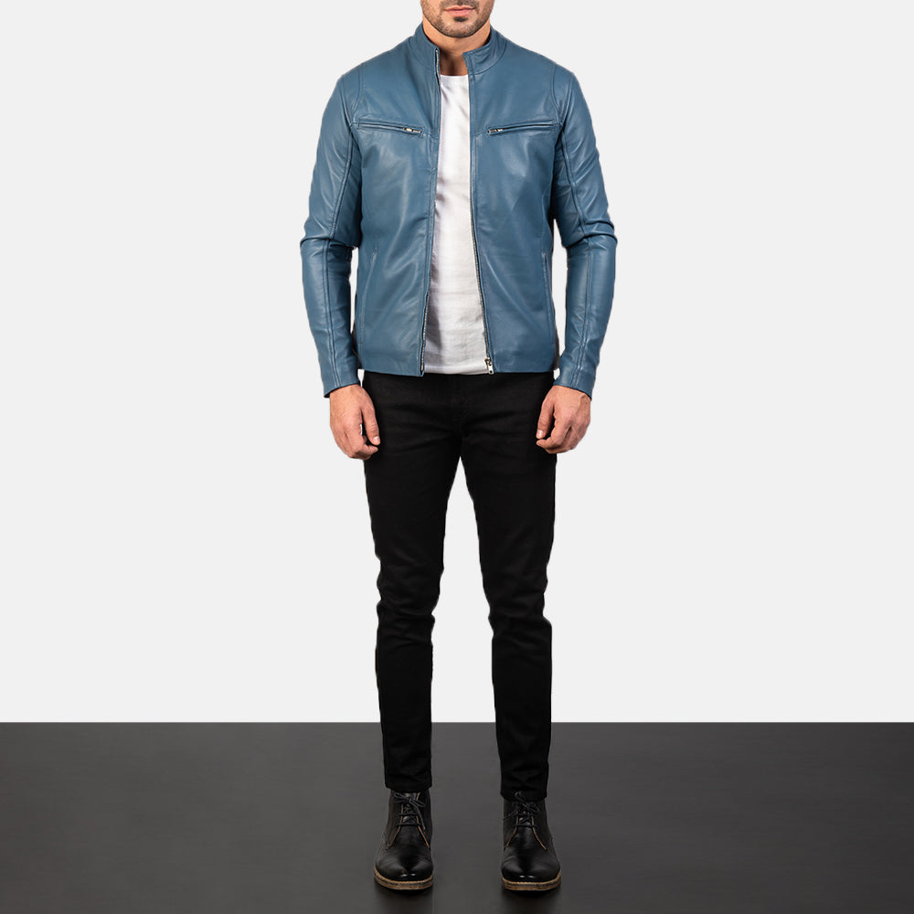 Ionic Blue Leather Biker Jacket - men's jacket in blue sheepskin leather, view 3