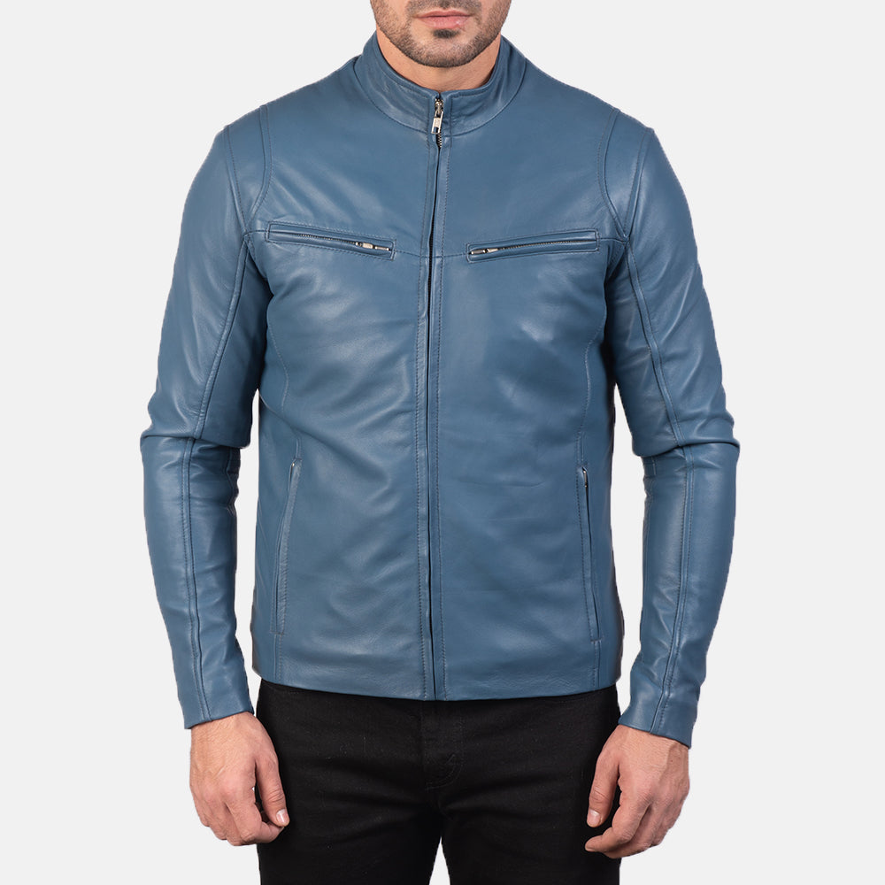 Ionic Blue Leather Biker Jacket - men's jacket in blue sheepskin leather, view 4