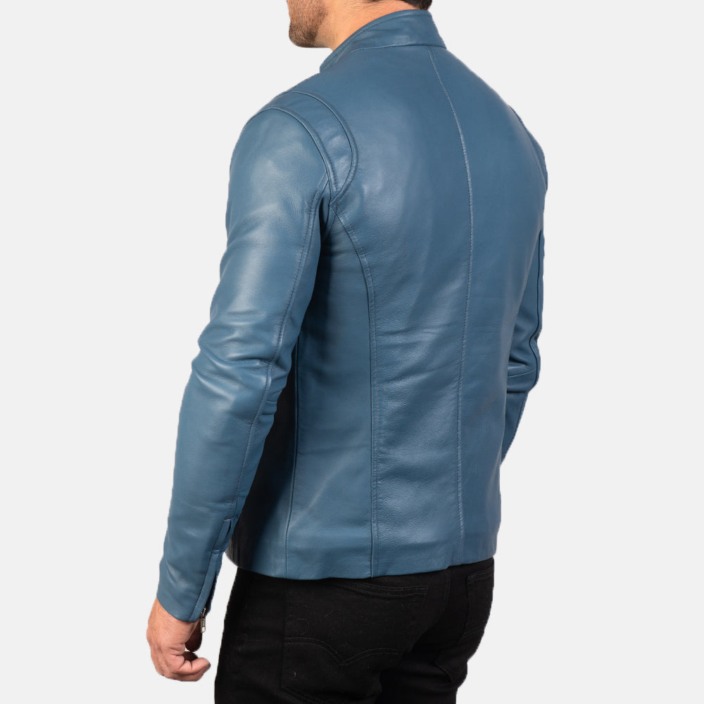 Ionic Blue Leather Biker Jacket - men's jacket in blue sheepskin leather, view 5