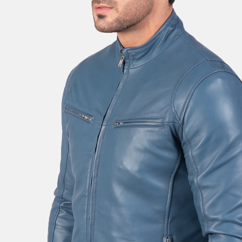 Ionic Blue Leather Biker Jacket - men's jacket in blue sheepskin leather, view 6