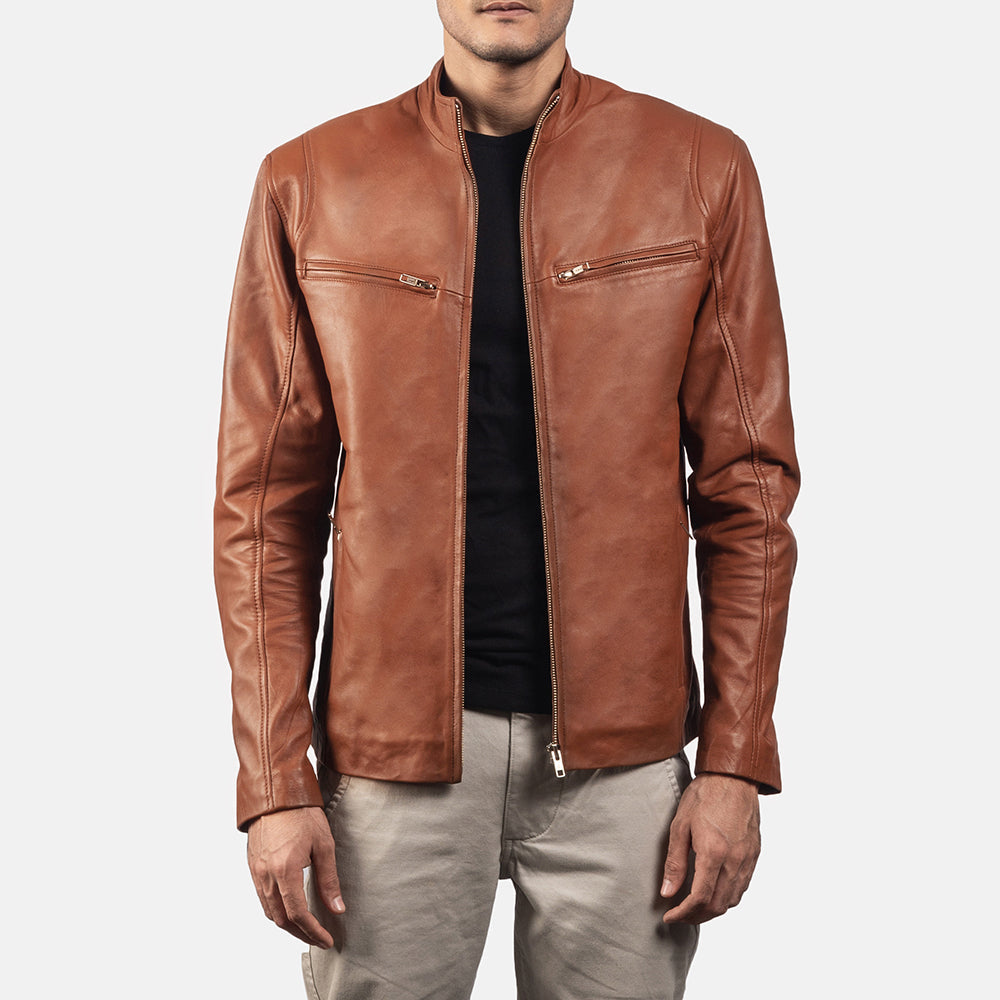 Ionic Brown Leather Biker Jacket - men's jacket in brown sheepskin leather, view 1