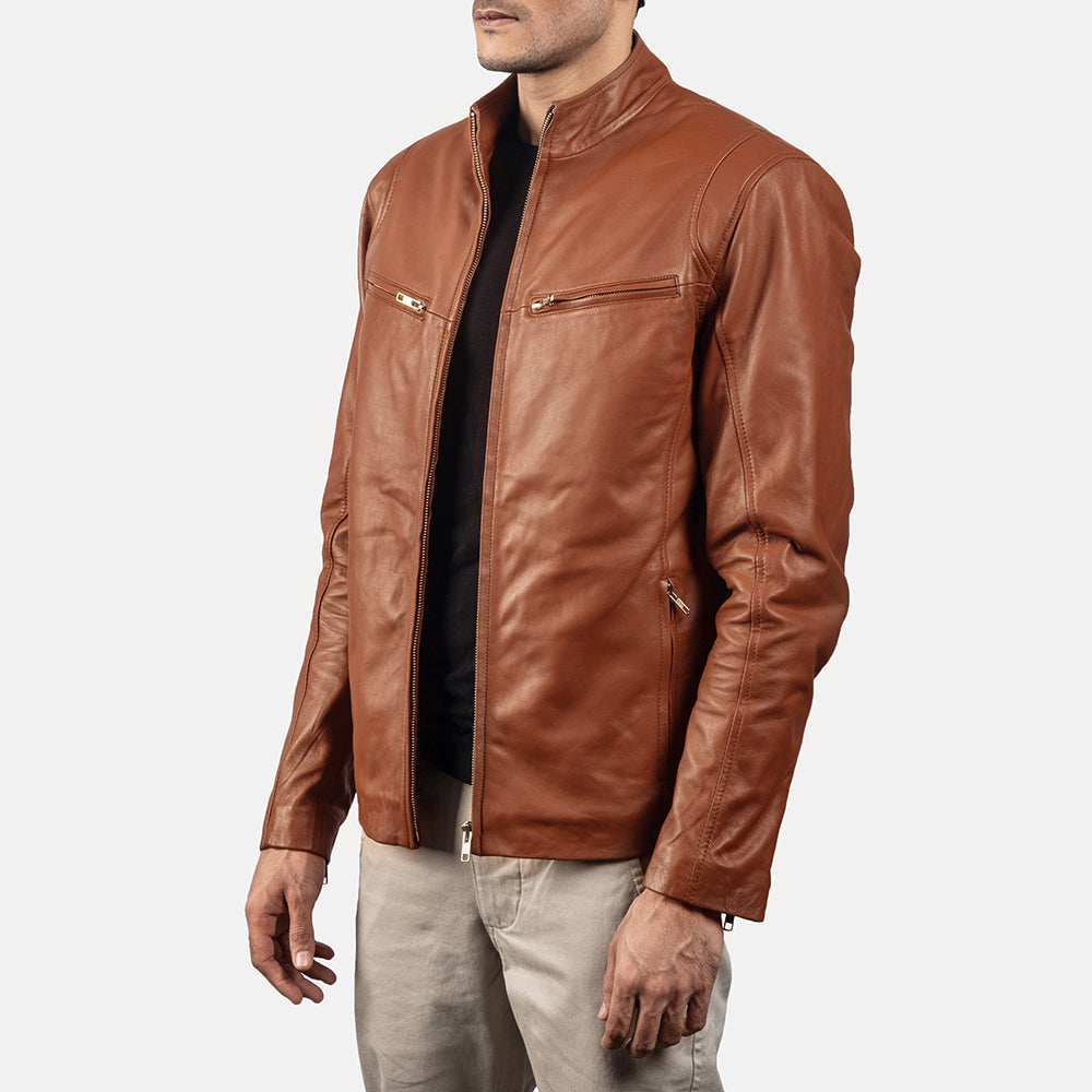 Ionic Brown Leather Biker Jacket - men's jacket in brown sheepskin leather, view 2