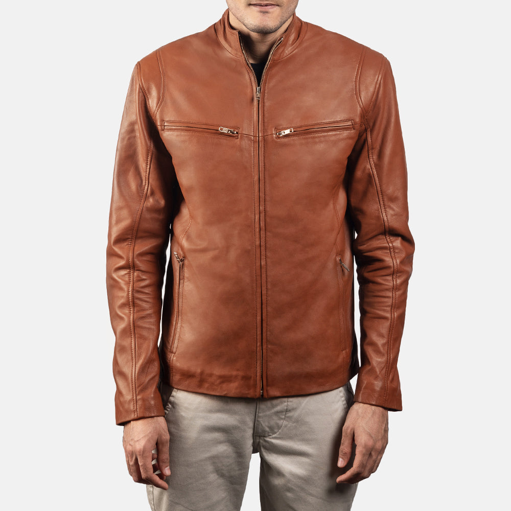 Ionic Brown Leather Biker Jacket - men's jacket in brown sheepskin leather, view 3
