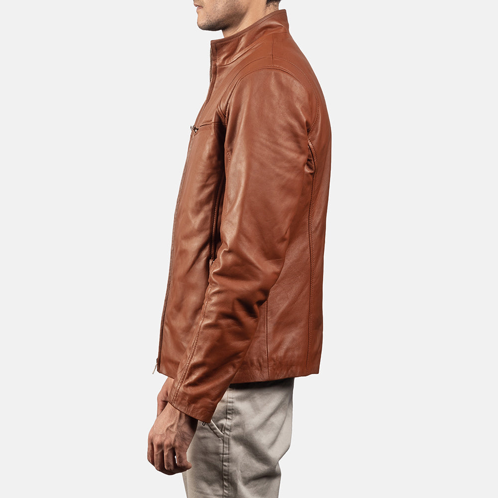 Ionic Brown Leather Biker Jacket - men's jacket in brown sheepskin leather, view 5