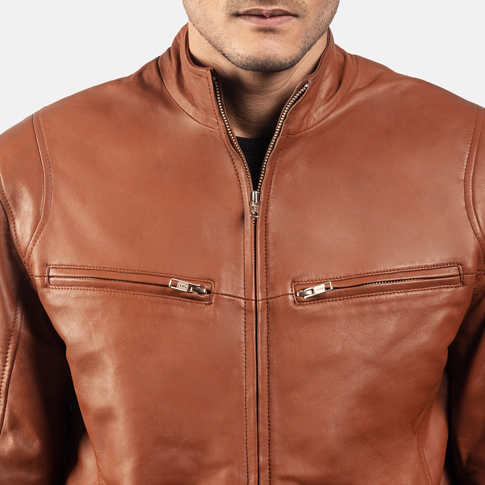 Ionic Brown Leather Biker Jacket - men's jacket in brown sheepskin leather, view 6