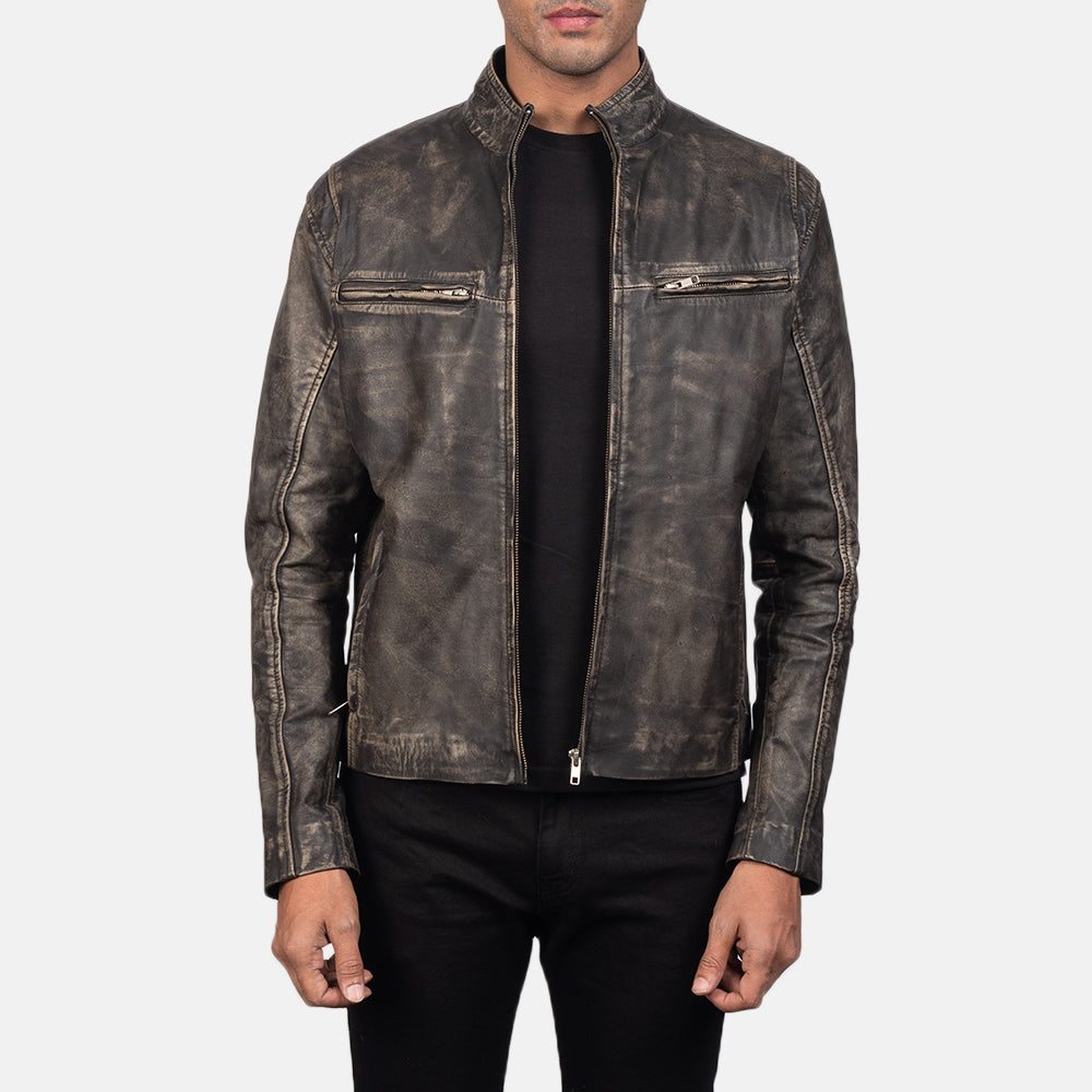 Ionic Distressed Brown Leather Biker Jacket - men's jacket in brown goatskin leather, view 1