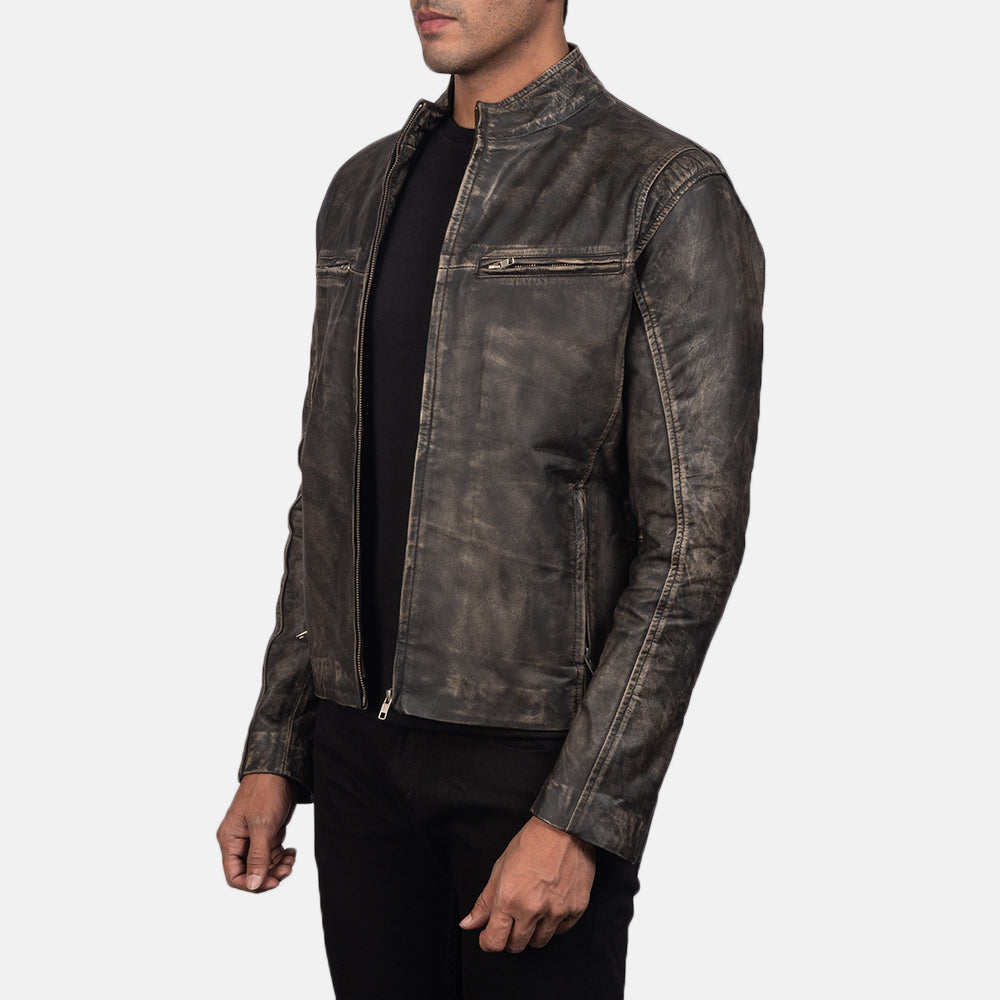 Ionic Distressed Brown Leather Biker Jacket - men's jacket in brown goatskin leather, view 2