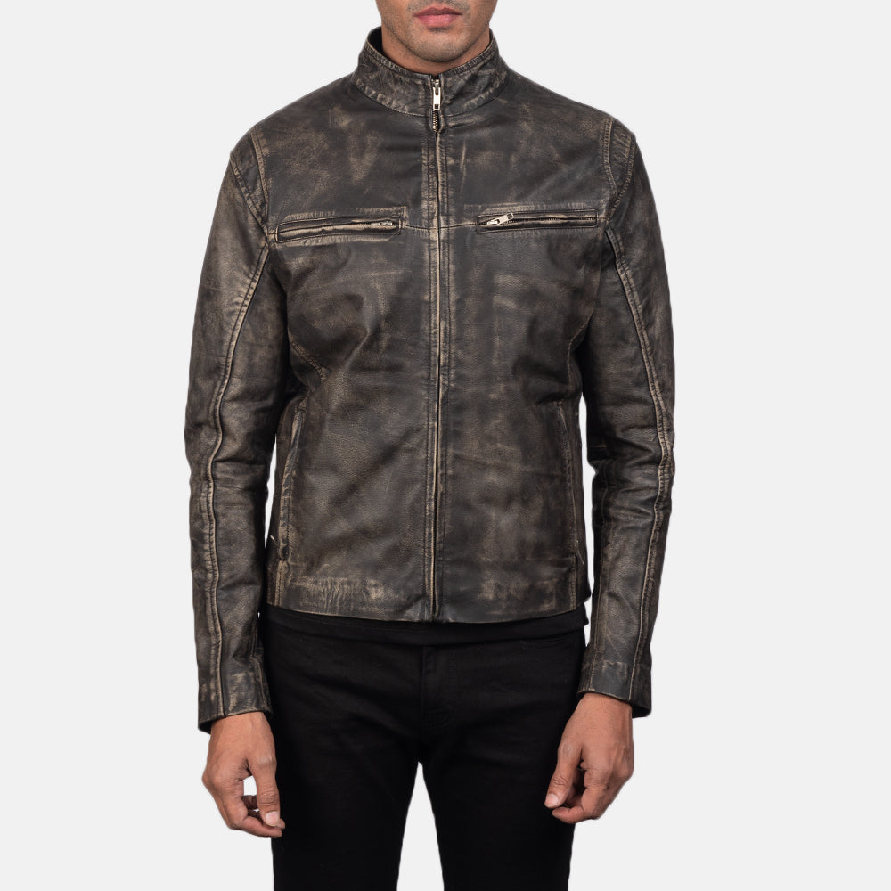 Ionic Distressed Brown Leather Biker Jacket - men's jacket in brown goatskin leather, view 3