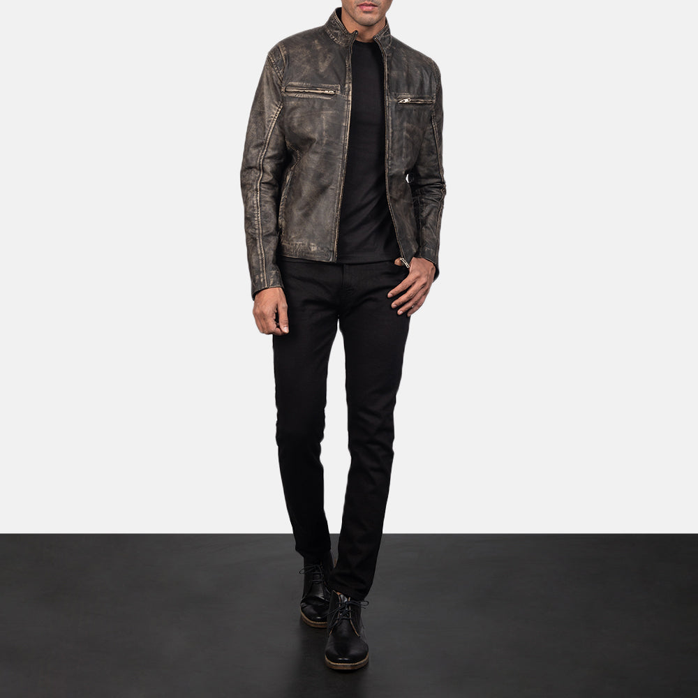 Ionic Distressed Brown Leather Biker Jacket - men's jacket in brown goatskin leather, view 4