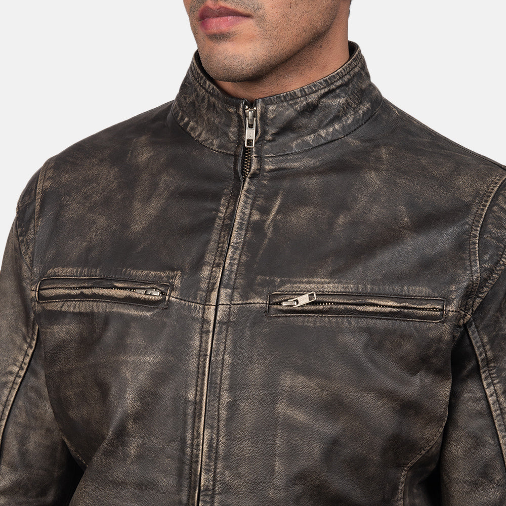 Ionic Distressed Brown Leather Biker Jacket - men's jacket in brown goatskin leather, view 5