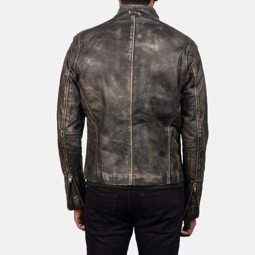 Ionic Distressed Brown Leather Biker Jacket - men's jacket in brown goatskin leather, view 6