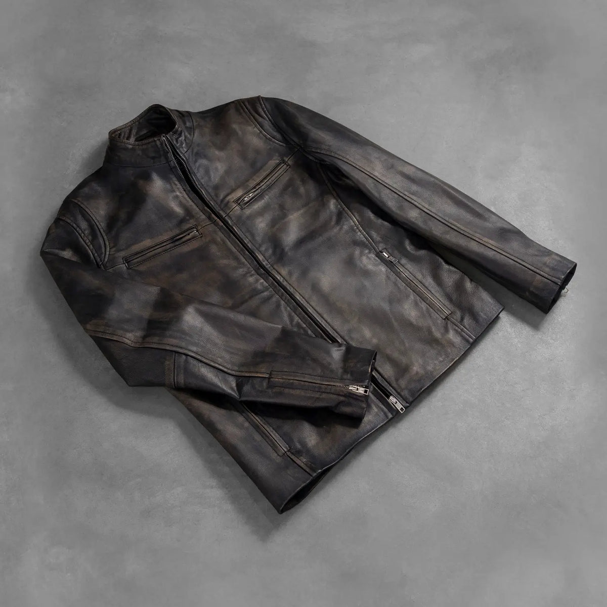 Ionic Distressed Brown Leather Biker Jacket - men's jacket in brown goatskin leather, view 7