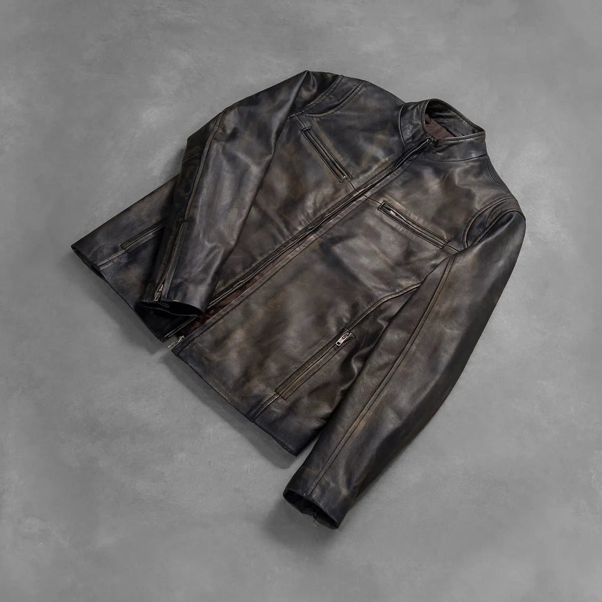 Ionic Distressed Brown Leather Biker Jacket - men's jacket in brown goatskin leather, view 8